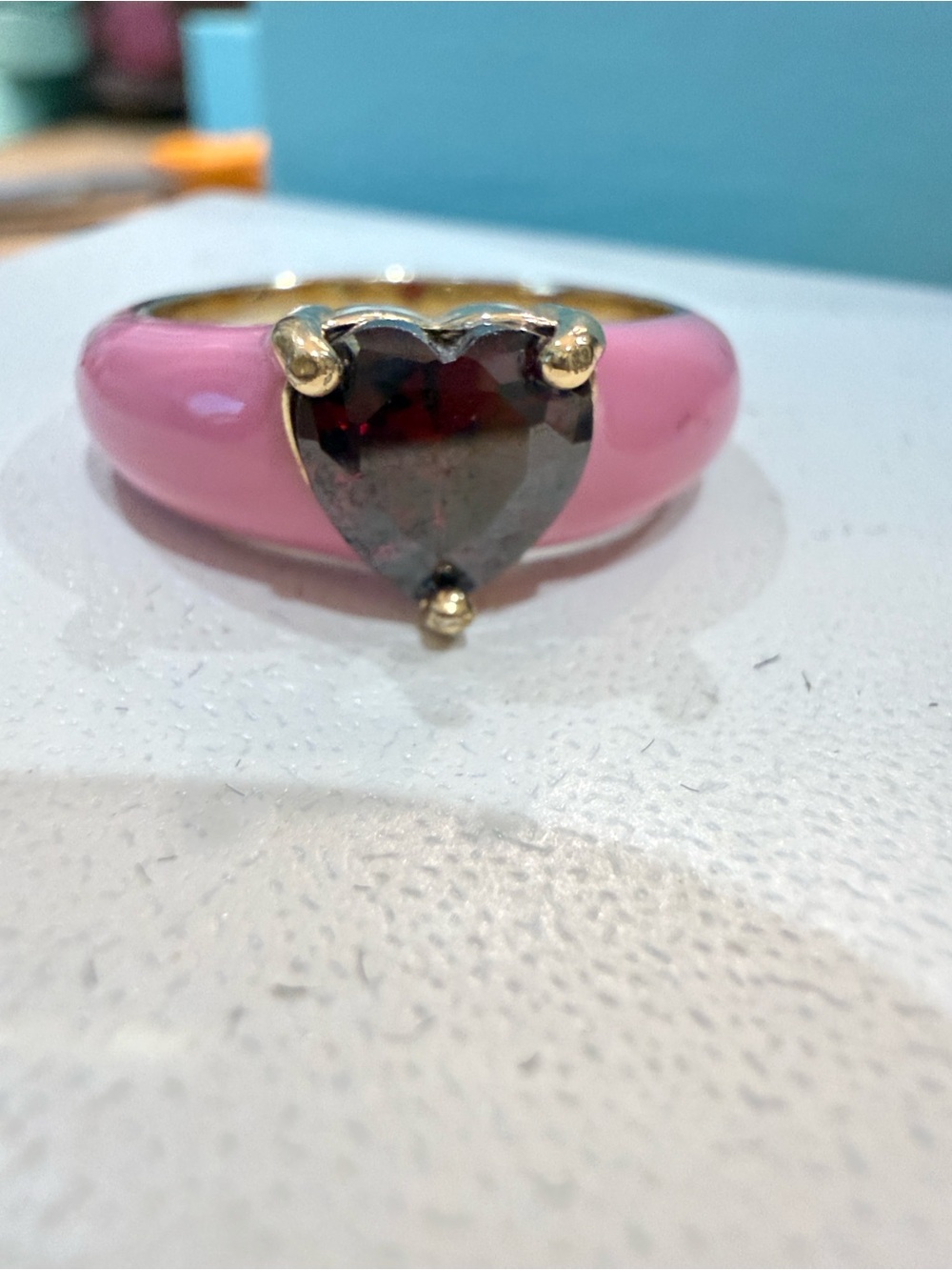 Pink Enamel Ring with Dark Heart Stone